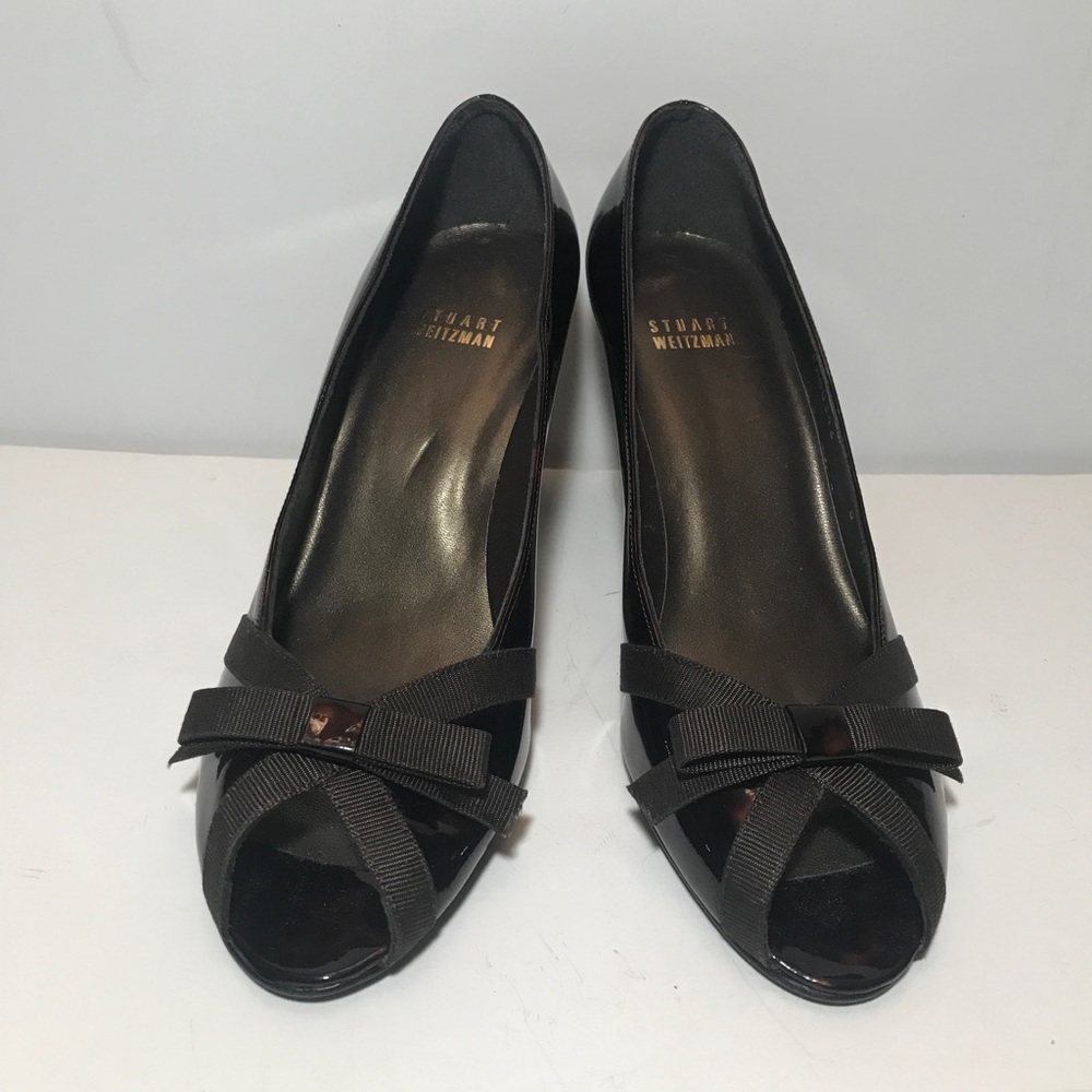 Stuart Weitzman Tortoise Shell Patent Leather Peep-Toe Heels W/Bow Sz 39/8
